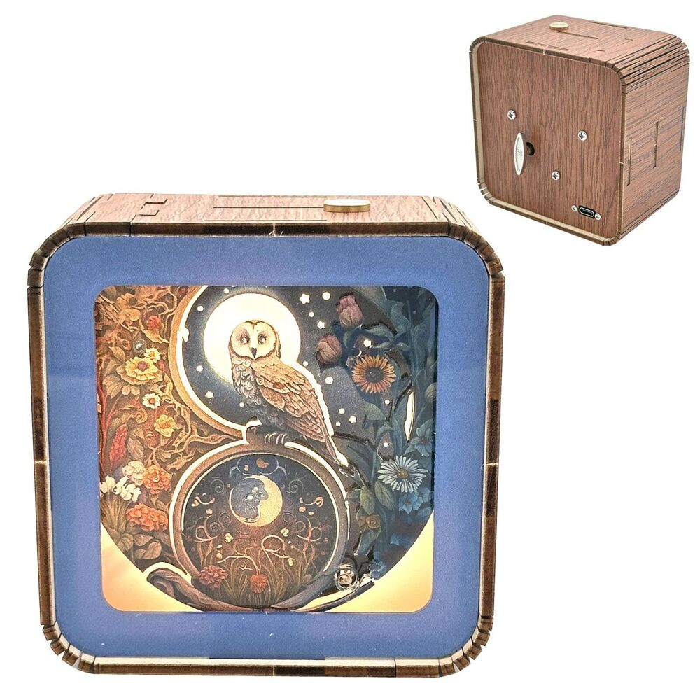 3290 3D Wooden Handmade Touch LED Night Light Wind Up Music Box